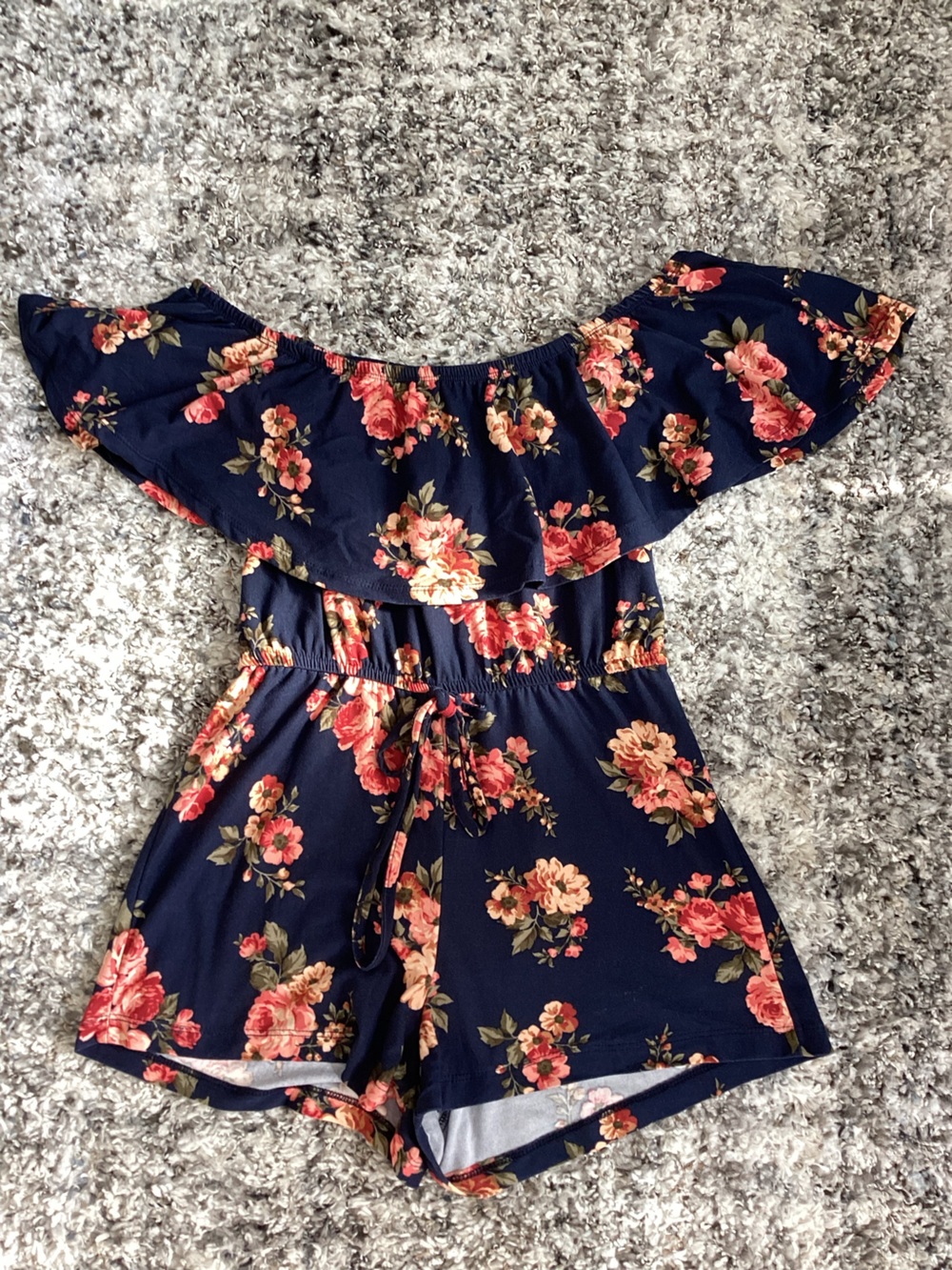Navy Floral Off-Shoulder Romper with Ruffle